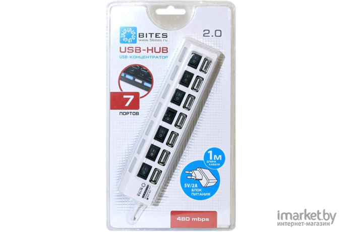 Концентратор 5bites HB27-203PWH 7*USB2,0, блок питания 5В-2А, 1метр, Белый