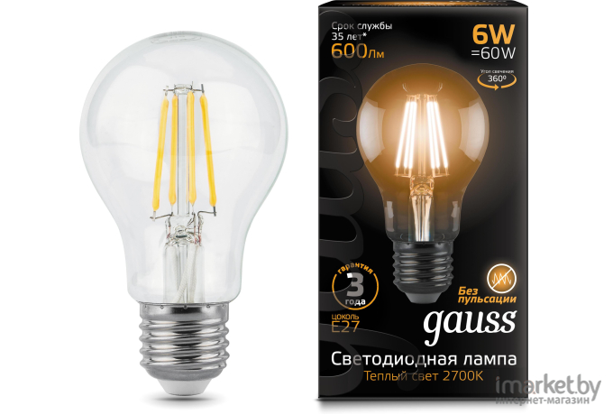 Лампа Gauss LED Filament A60 E27 6W 600lm 2700К 1/10/40 [102802106]