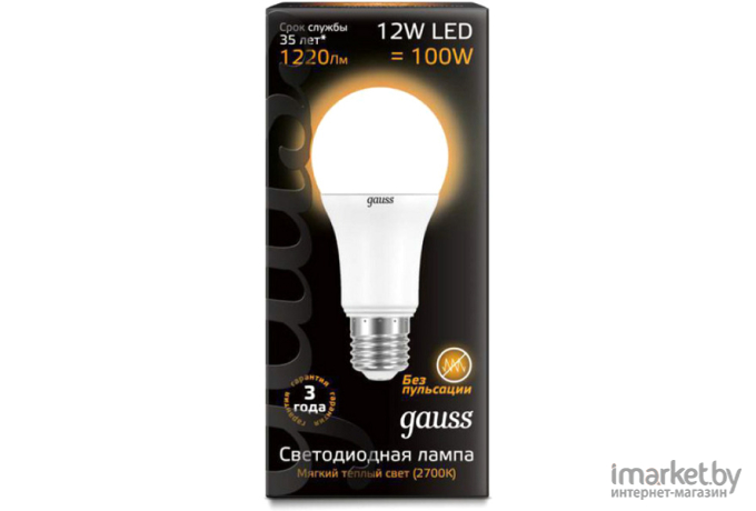 Лампа Gauss LED A60 12W E27 1150lm 3000K 1/10/50 [102502112]