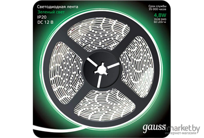  Gauss Лента LED 2835/60-SMD 4.8W 12V DC зеленый (блистер 5м) [312000605]