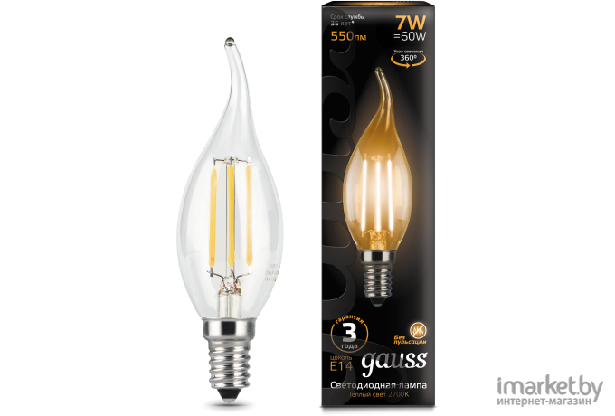Светодиодная лампа Gauss LED Filament Свеча на ветру E14 7W 550lm 2700К 1/10/50 [104801107]