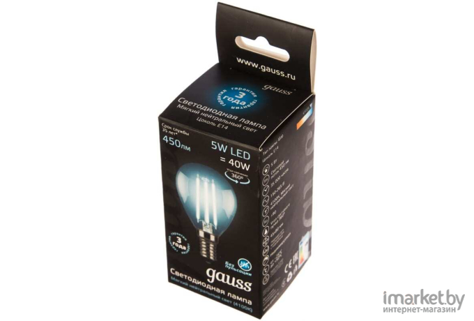 Светодиодная лампа Gauss LED Filament Шар E14 5W 450lm 4100K 1/10/50 [105801205]