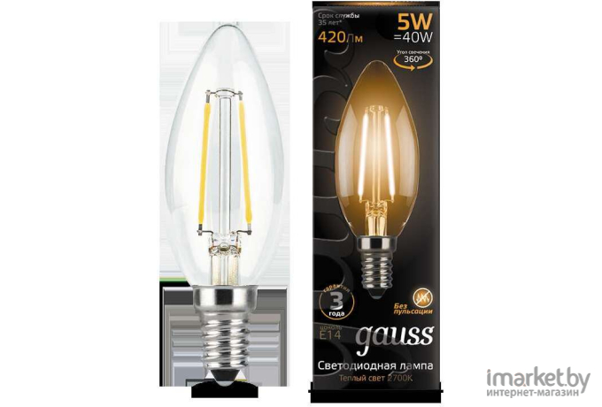 Светодиодная лампа Gauss LED Filament Свеча E14 5W 420lm 2700К 1/10/50 [103801105]