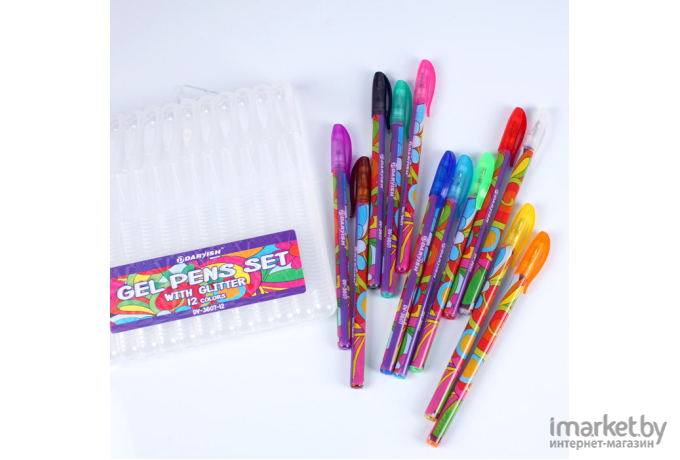 Ручка гелевая Darvish набор 12цв с блестками в пластиковом пенале + европодвес [DV-3607-12]