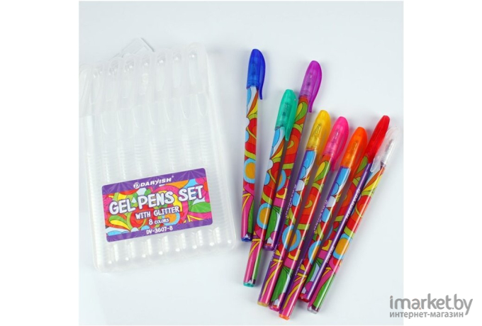 Ручка гелевая Darvish набор 8цв с блестками в пластиковом пенале + европодвес [DV-3607-8]