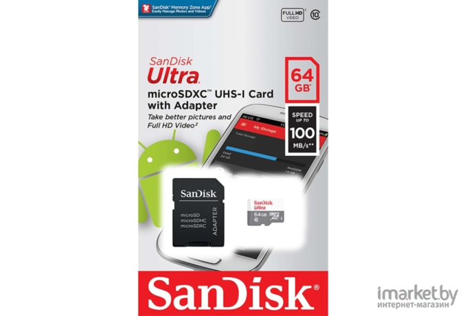 Карта памяти SanDisk microSD 64GB microSDXC Class 10 Ultra (SD адаптер) UHS-I 100MB/s [SDSQUNR-064G-GN3MA]