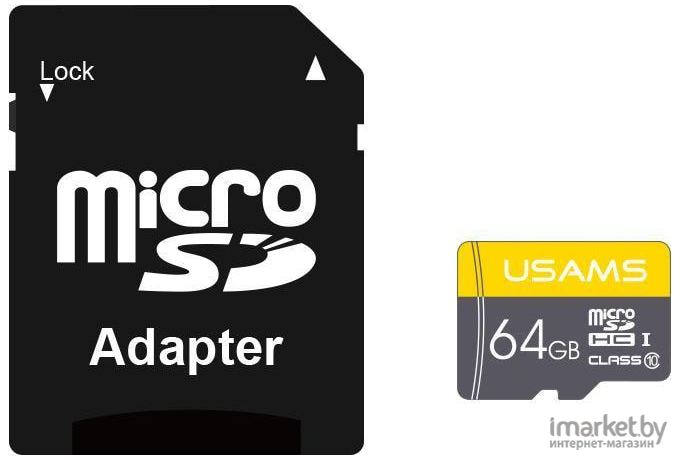 Карта памяти Usams MicroSDHC 64Gb Class 6 US-ZB119 High Speed +Адаптер желтый [ZB119TF01]