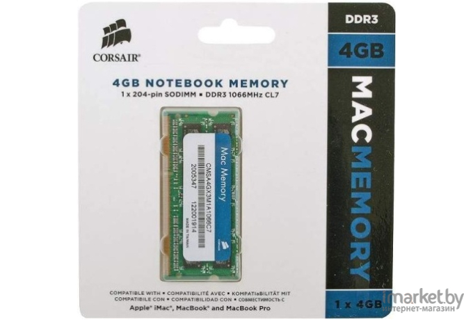 Оперативная память Corsair Mac Memory 4GB DDR3 SO-DIMM PC3-8500 (CMSA4GX3M1A1066C7)